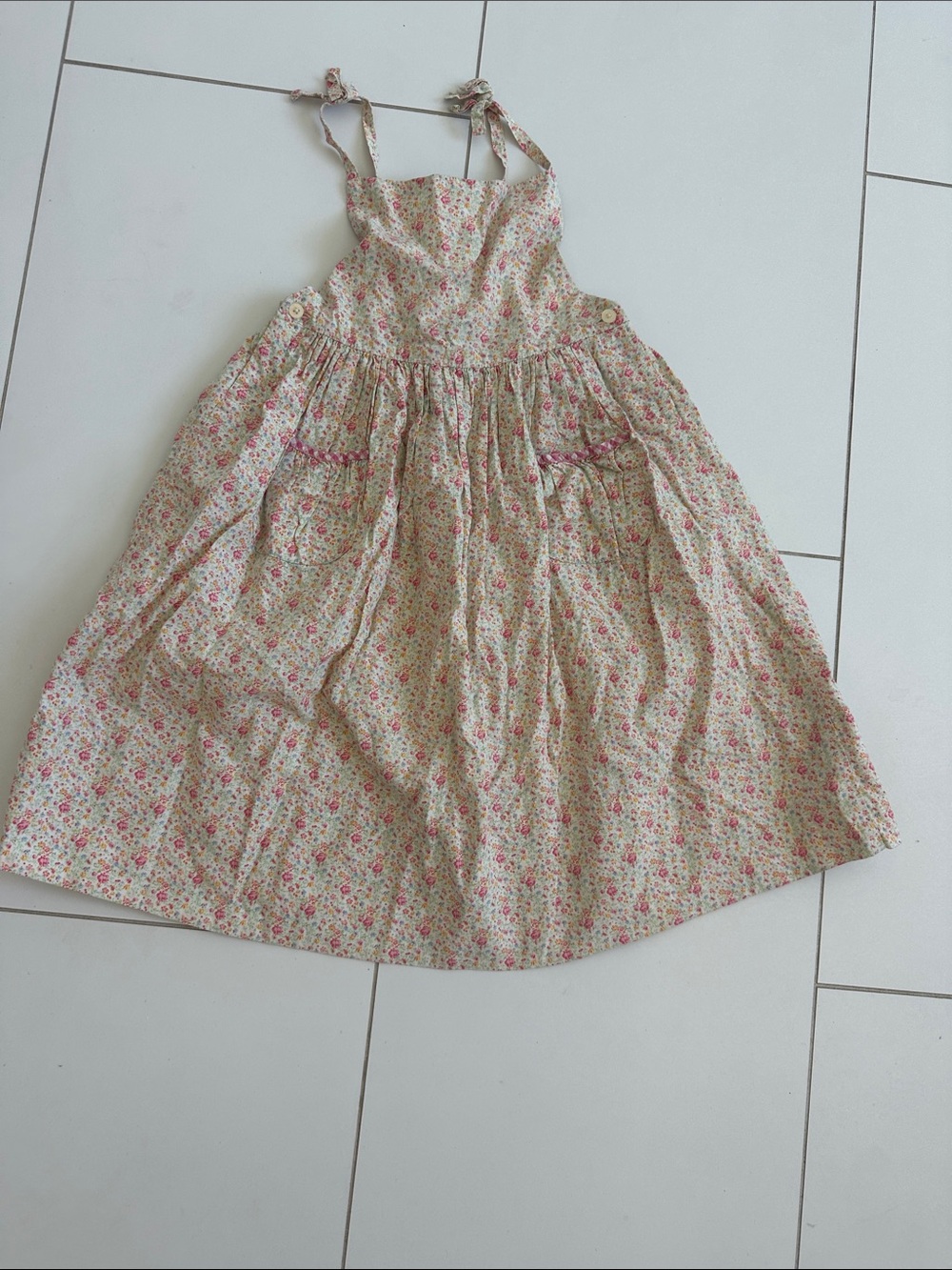 Girls Floral Tie-Shoulder Sundress - Pink on Cream